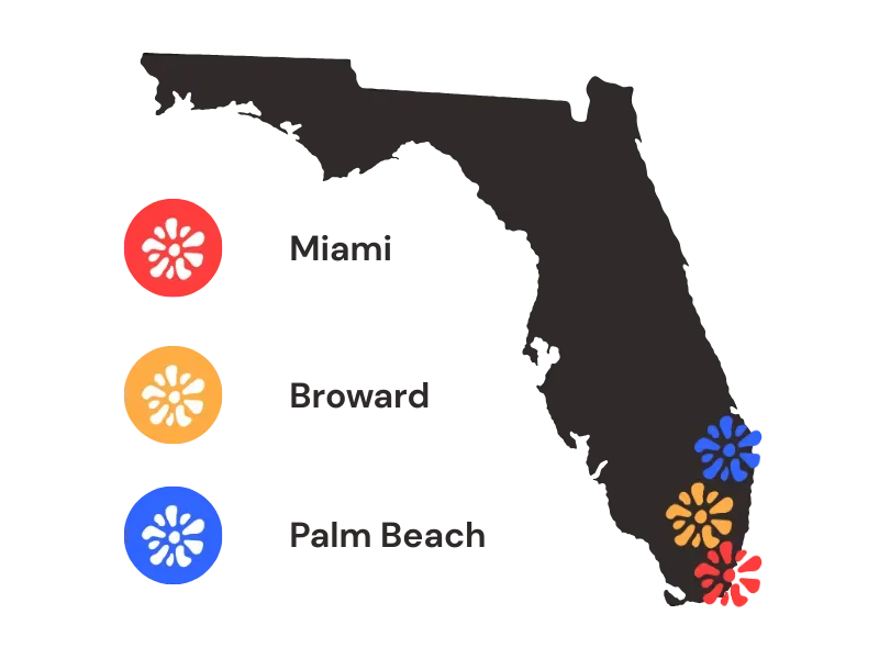 Map of South Florida marking Miami, Broward and Palm Beach counties